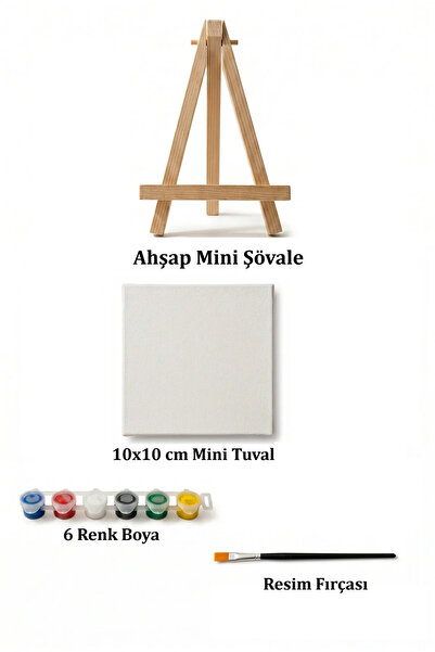 HOBBYRONS Mini Resim Seti - 10x10 cm Tuval, Mini Şövale, Boya ve Resim Fırçası - Hobi, Aktivite, Eğlence, Çocuk Resim Seti