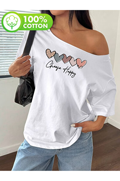 OVER HEAD Tricou pentru femei Chose Happy, cu imprimeu, cu gât barcă și umeri...