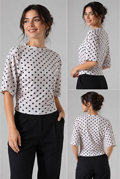 shopidik Vintage-Inspired Black and White Polka Dot Patterned Stylish Blouse
