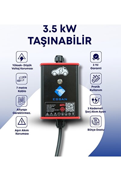 Essan 3.5 Kw 5 Metre Taşınabilir Elektrikli Araç Şarj Cihazı togg tesla uyumlu