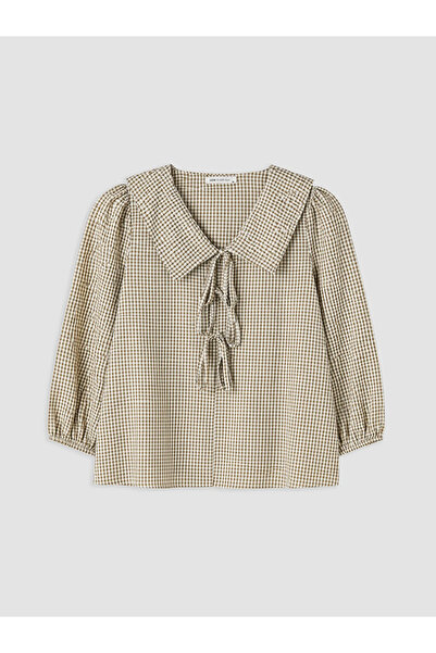 LC Waikiki Khaki Bebe Collared Plaid Blouse