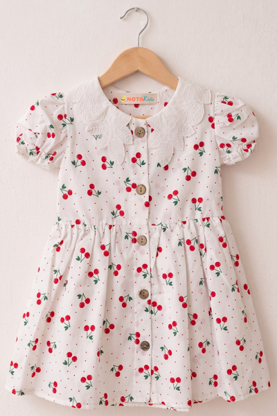 NOTA KİDS Girl's White Cherry Patterned Doll Collar Cotton Summer Dress