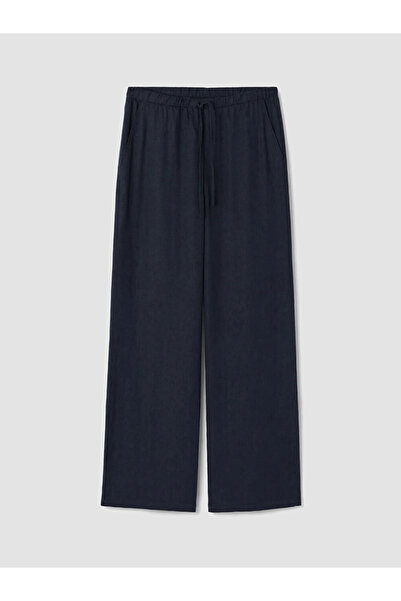LC Waikiki Navy Blue Elastic Waist Linen Blend Women's Trousers