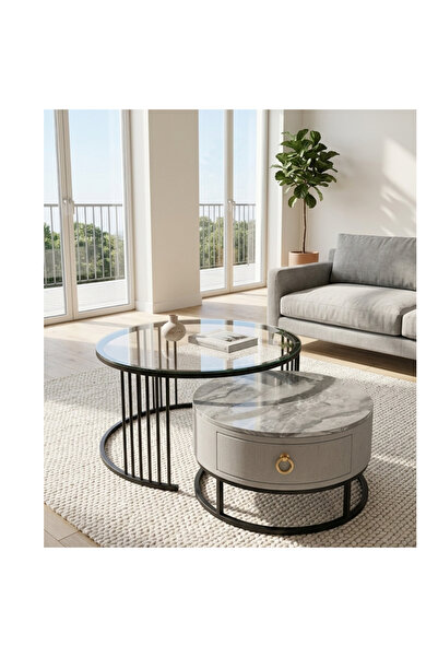 luxino Round Coffee Table Set with Storage Drawers - Durable Metal Frame - Ea...