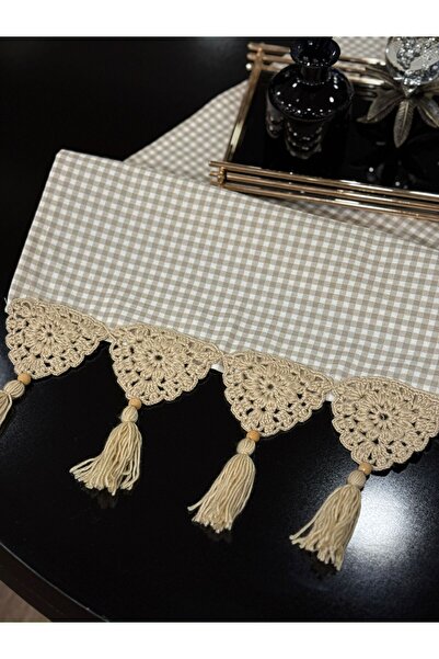 Benefse Runner Tablecloth Plaid Fabric Knitted Lace Tasseled Cream Brown 40X1...