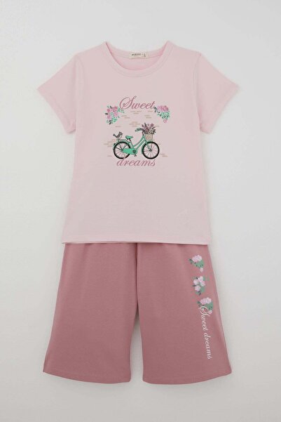 Breeze Girl's Capri Set with Flower and Bird Figures, 5-10 Years Old, Pink