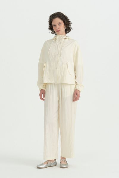 Nihan Hooded Rayon Jacket with Pocket Detail - Ecru