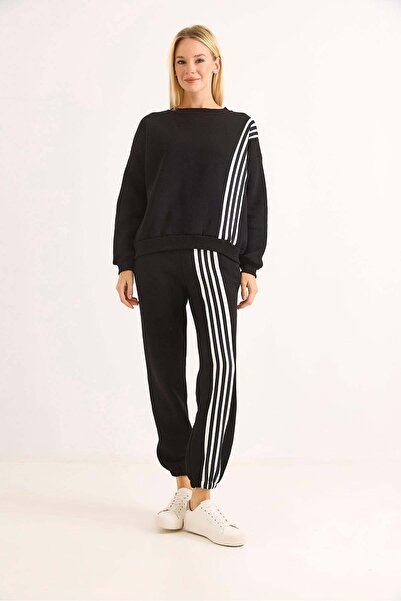 Raneel Kazançlı Alışveriş Women's striped embroidered fleece-lined three-thre...