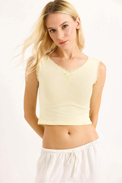 Raneel Kazançlı Alışveriş Lace-Up Drawstring Crop Blouse Yellow