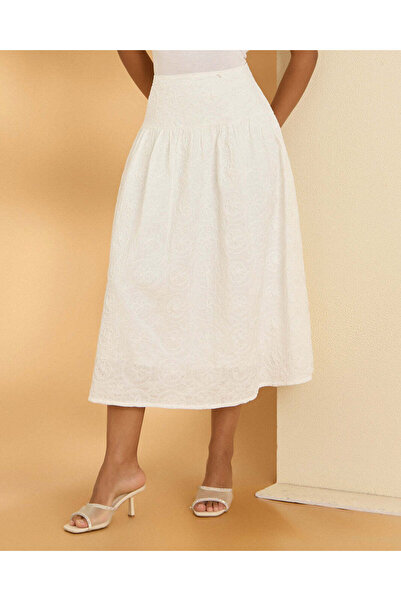 REDTAG Women Ivory Embroidered Midi Skirt