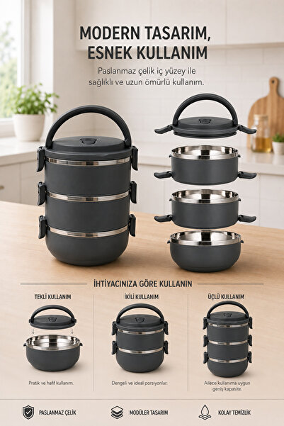 BERMİRA Home Collection 3 Katlı Sızdırmaz Yemek Termosu Modern Sefer Tası Öze...