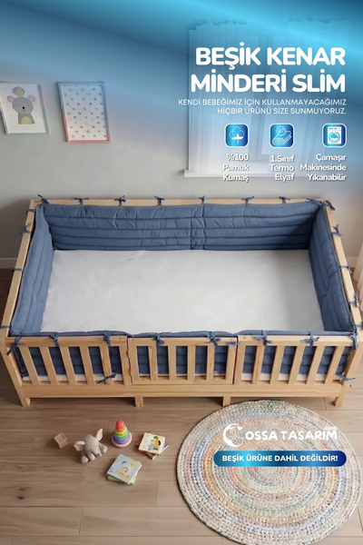 yasetex tasarım Montessori Beşik Kenar Koruma Takımı %100 Pamuk - İndigo - Bu...