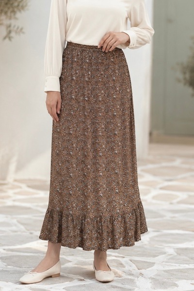 İmajButik Brown Patterned Skirt with Elastic Waist and Ruffles at the Bottom