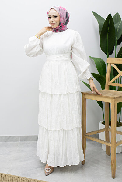 Tesettür Dünyası Tie Waist Layered Dress Tsd260239 White
