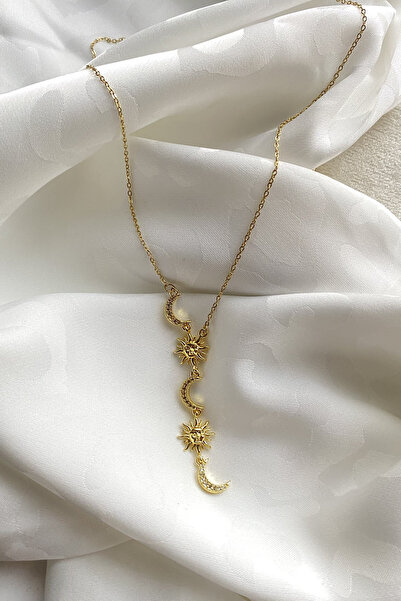 Diamara Designs Kadın Gold Zirkon Taşlı Hilal Ay ve Güneş Figürlü Sarkıt Zinc...