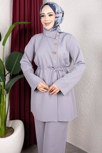 Rabia Zülal New Season Suit with Side Buttons on the Front - Gray Rbz2608Y
