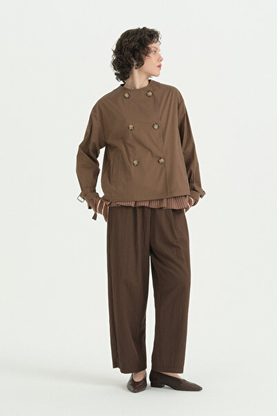 Nihan Double-Breasted Short Cotton Trench Coat - Brown