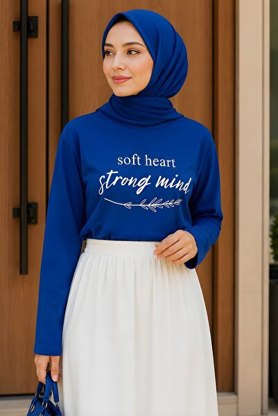 İmajButik Saks Blue Crew Neck Printed Combed Cotton Bodysuit