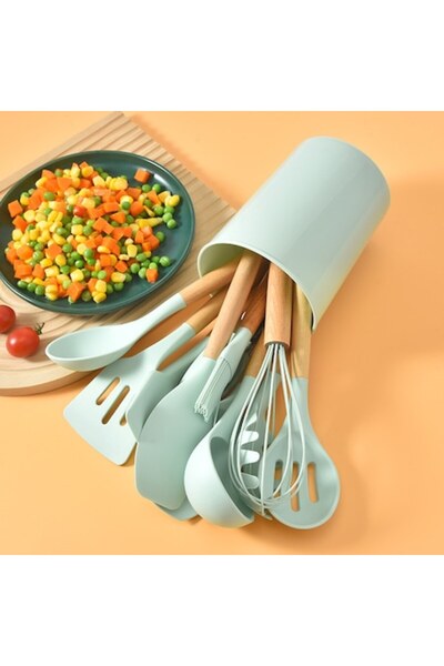 OEM Set of 12 heat-resistant silicone kitchen utensils with wood handle. Ligh...