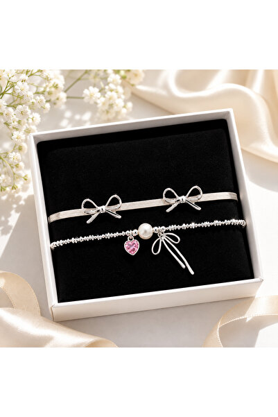 shop İKİLİ FİYONK MODEL GÜMÜŞ PEMBE SET ÇELİK BİLEKLİKLER