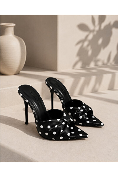 carweza Bella Black Satin Polka Dot Heeled Slippers