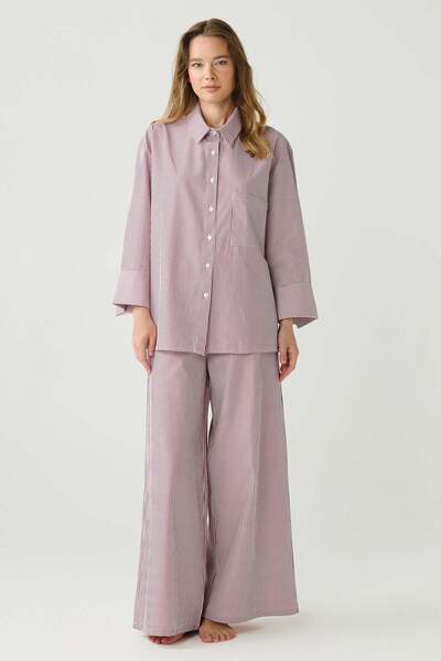 C&City Dayjamas Striped Shirt Pants Set Burgundy