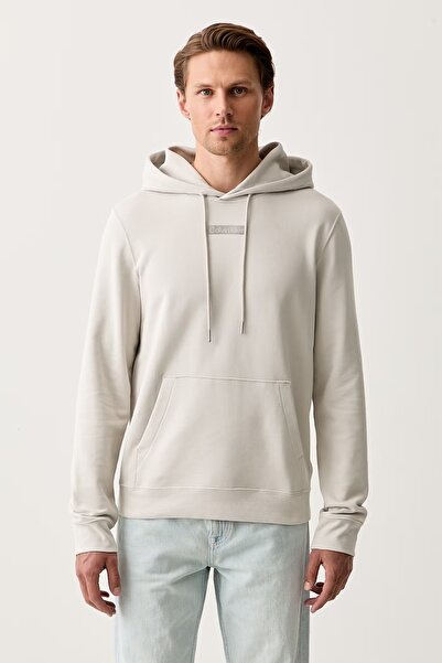 Calvin Klein Men's Regular Cut High Cotton Content Hooded Long Sleeve Beige S...