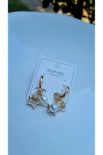 XUPING JEWELRY 14K Altın Rengi İnci ve Yıldız Detaylı Sallantılı Halka Küpe