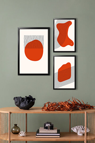 3 Parçalı MDF Tablo Siyah Ahşap Çerçeve Görünümlü Çizgisel Modern Duvar Sanatı