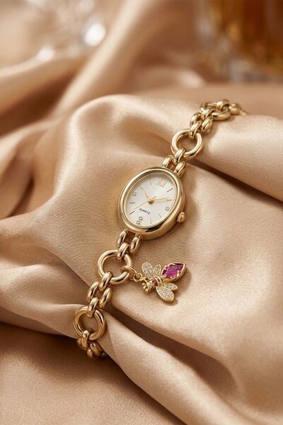The Watch Women's Golden Yellow Oval Case Chain Watch with Pink Stone Bee Fig...