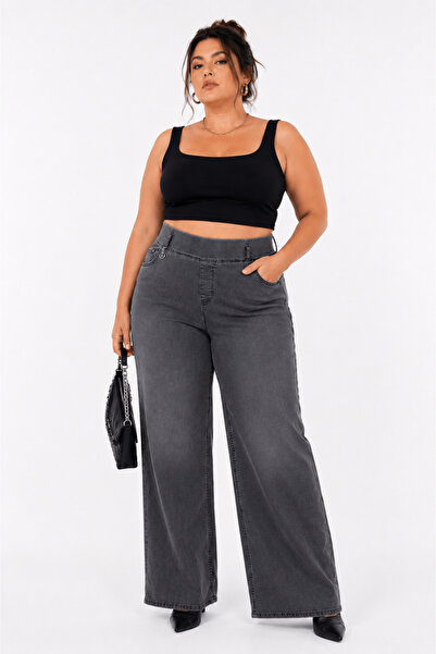 ZANESSİ FASHION Plus Size High Waist Denim Wide Leg Women's Pants