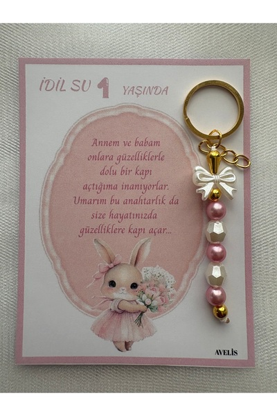 İ&DBABY 48 Adet Kişiye Özel İnci Boncuklu Fiyonklu Tavşan Temalı Kartlı Anaht...
