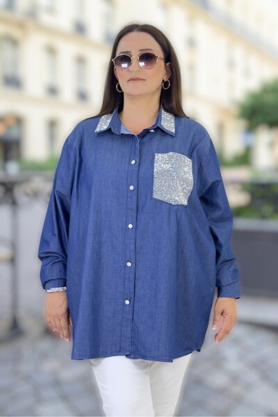 yagmurberen Buttoned Thin Denim Fabric Oversize Women's Shirt with Stone Prin...