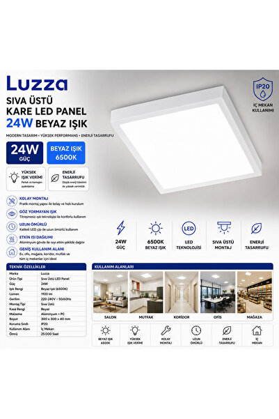 Luzza Luza 24W Sıva Üstü Kare LED Panel Beyaz Işık 6500K Tavan Armatürü