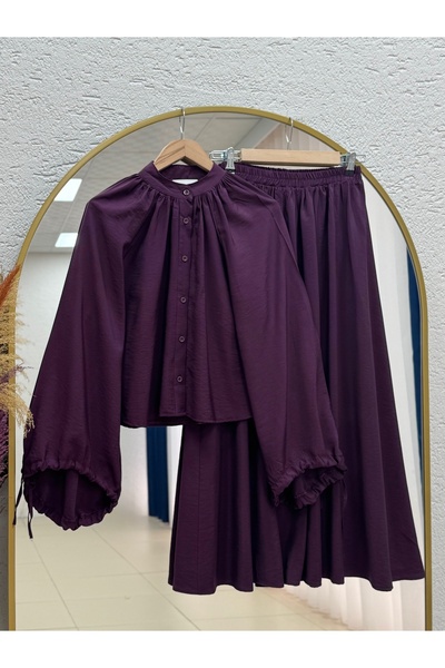Holehola Yağmurnur Gathered Collar Lace-Up Skirt Suit-Ek625 Purple