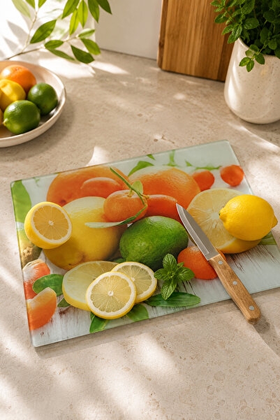 Cam Kesme Tahtası 25x35 cm Meyve Desenli Kaydırmaz Ayaklı Dekoratif Sunum ve Kesim Tahtası