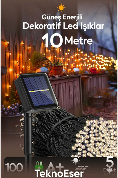 TeknoEser Solar Güneş Enerjili LED Işık Zinciri – 10 Metre 100 LED Dekoratif ...