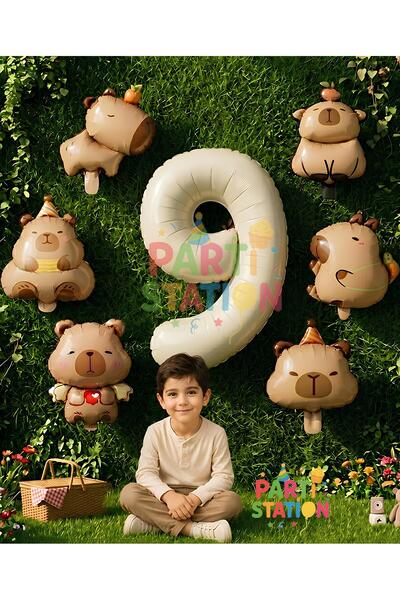 Parti Station Mini Capybara Balloon Themed 9Th Birthday Balloon Set 7 Pieces