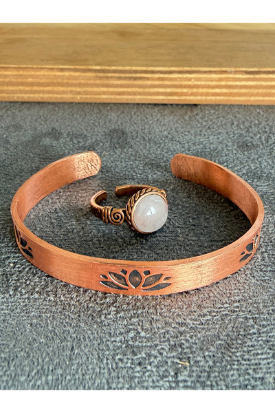 Rupen Kraft Handcrafted copper bracelet and natural stone ring set, adjustabl...