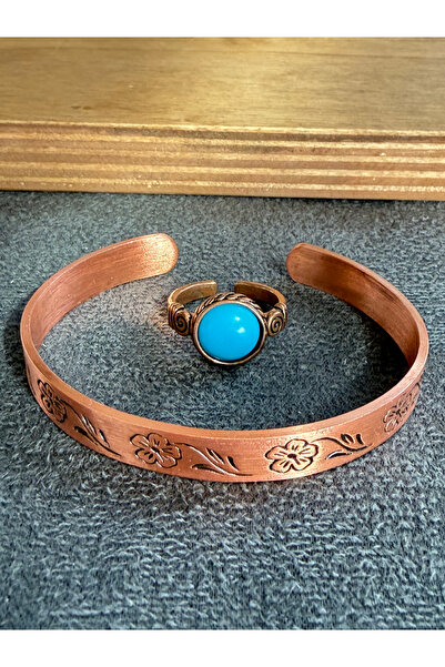 Rupen Kraft Handcrafted copper bracelet and natural stone ring set, adjustabl...