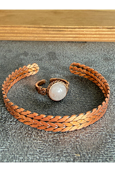 Rupen Kraft Handcrafted copper bracelet and natural stone ring set, adjustabl...