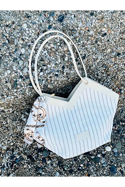 SANTA FLEX Cream Straw Shoulder Bag with Striped Textured Faux Leather Detail...
