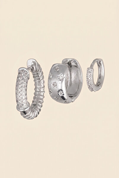 Hetra Silver Colored Zircon Stone Twisted and Sky-Themed 3-Piece Hoop Earring...