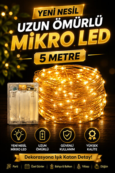 MKC STUDIO Yeni Nesil Uzun Ömürlü Mikro Peri LED Şerit Işık - 5 Metre Pilli D...