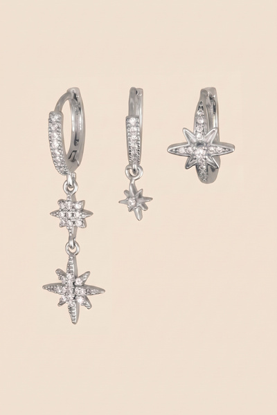 Hetra Silver Color Zircon Stone Pole Star Dangle 3-Piece Hoop Earring Set