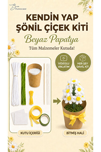 Bee Flower Shop Beyaz Papatya Şönil Çiçek Yapım Kiti - Kendin Yap Hobi Seti D...
