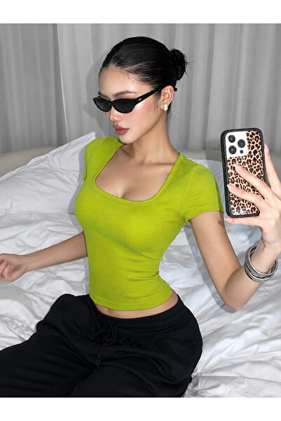 RİEMA Ribbed U-Neck Square Basic Stretchy Short Sleeve Blouse