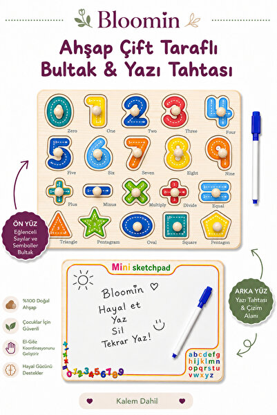Bloomin Ahşap Çift Taraflı Bultak & Yazı Tahtası | Kalem Dahil | Eğitici Mont...