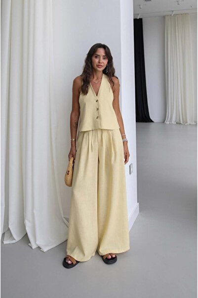 Havoş Yellow Rihan Linen Vest and Pants Set