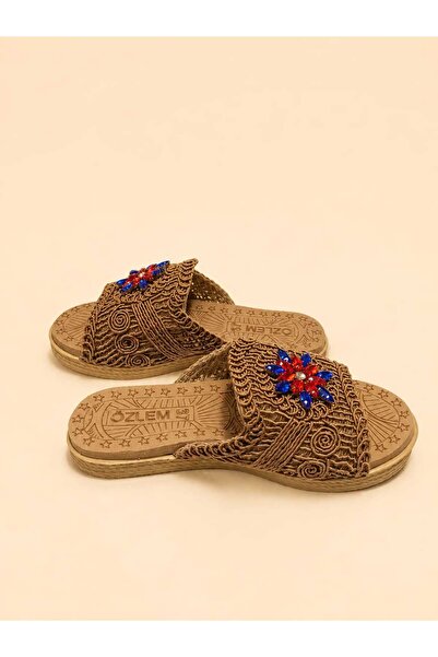 MY STİL MODA Women's Straw Slippers Beige Knit Lace Knitwear Embroidery Embro...
